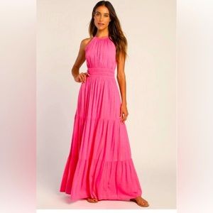 Lulu’s Pink Maxi Halter Tiered Dress with Gold Flecks S